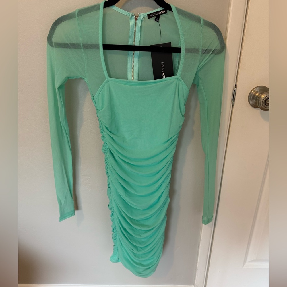 Fashion nova green long sleeve mini dress with mesh detail size S
